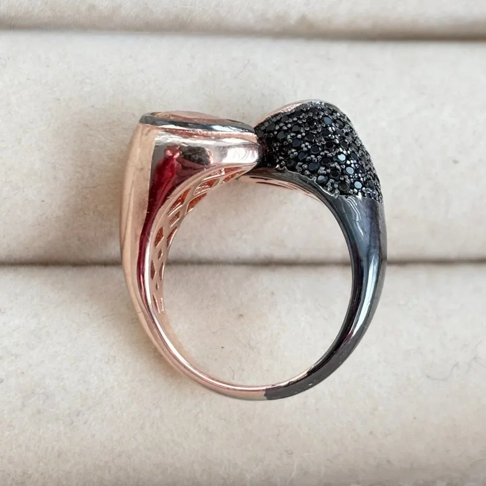 Swarovski Pave Crystals in 2-Tone Ring Rose & Black Sterling Silver Size 7 Italy